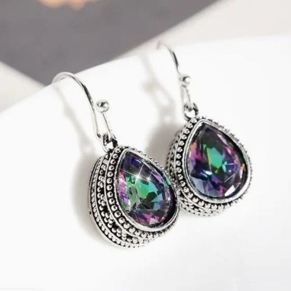 Droplet Design Purple Artificial Crystal Dangle Earrings Retro Silver - Picture 1 of 1